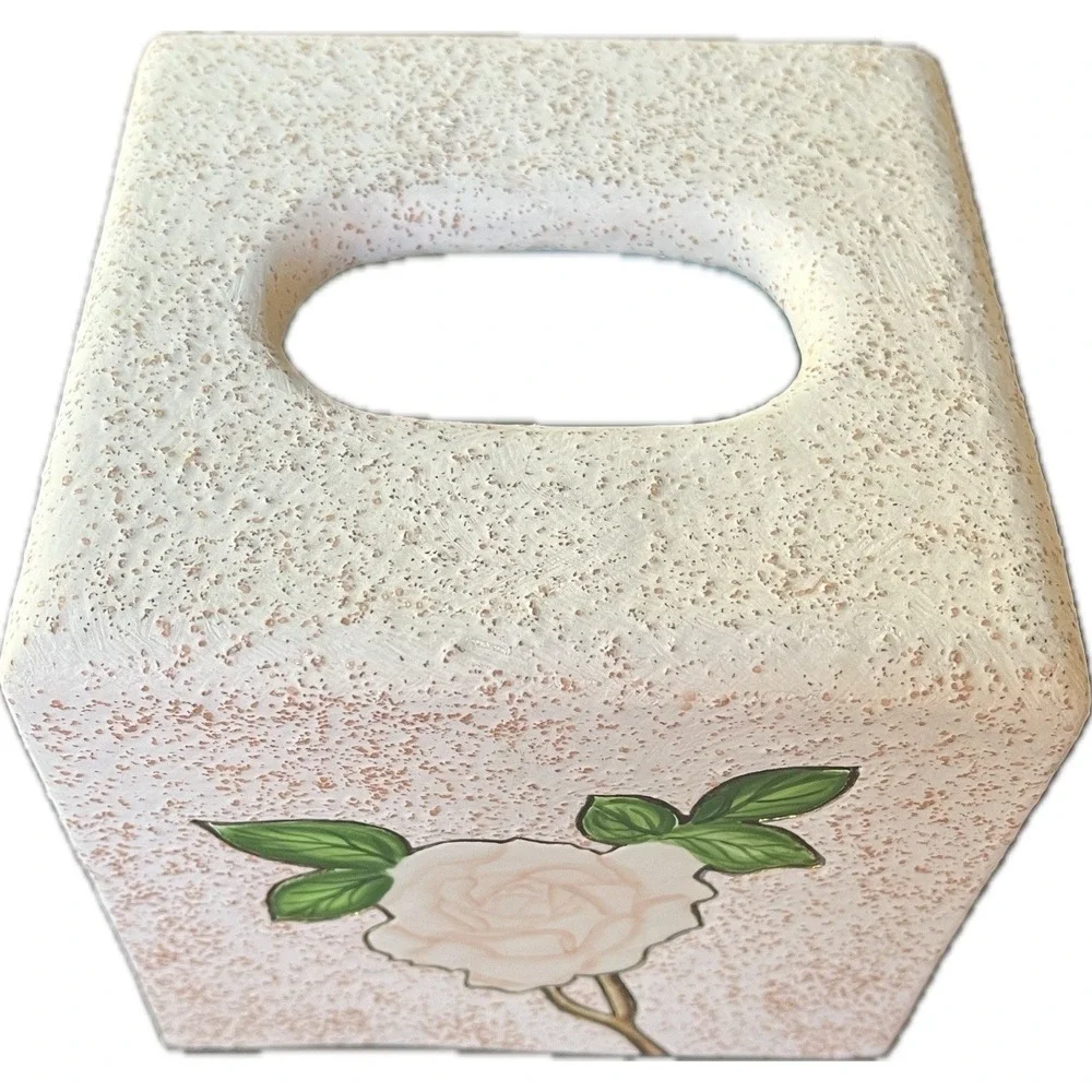 Texturized Heavy Ceramic Tissue Box Cover with Rose Vanity Decor, Artist Signed